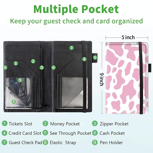 Server Books for Waitress, 5x9 Inch Waitstaff Server Order Pads, 11 Large Pockets, Cute PU Leather Waitress Book Server Wallet with Elastic Band Fit Server Apron,Pink Cow Prints - Image 3