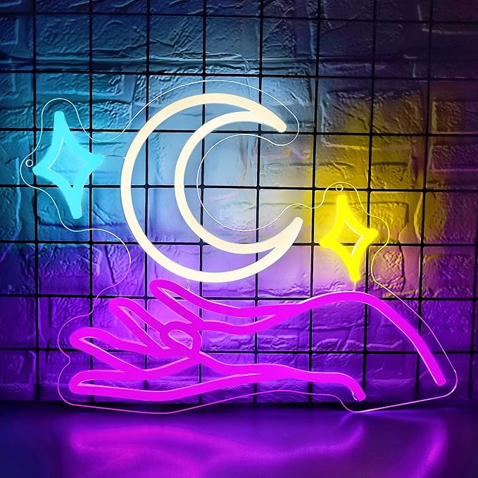 Moon Neon Signs for Wall Decor Star Neon Sign Hand LED Light Moon Wall Decor for Girls Bedroom Dimmable Purple Preppy Room Decorr Girly Decorations Gifts for Women Girls Size 13.8 * 12.6in(P034)