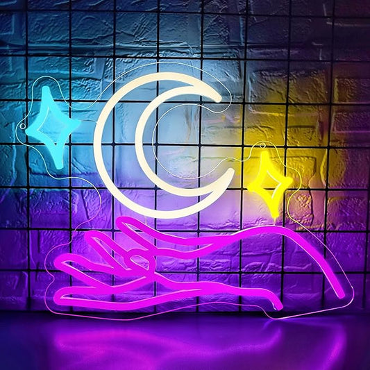 Moon Neon Signs for Wall Decor Star Neon Sign Hand LED Light Moon Wall Decor for Girls Bedroom Dimmable Purple Preppy Room Decorr Girly Decorations Gifts for Women Girls Size 13.8 * 12.6in(P034)