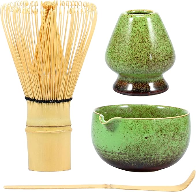 4Pcs Matcha Whisk Set Elegant Japanese Matcha Tea Set Matcha Making Kit with 500ml Ceramic Matcha Bowl Matcha Whisk Holder Bamboo Matcha Whisk and Matcha Scoop for Tea Lovers (Green)