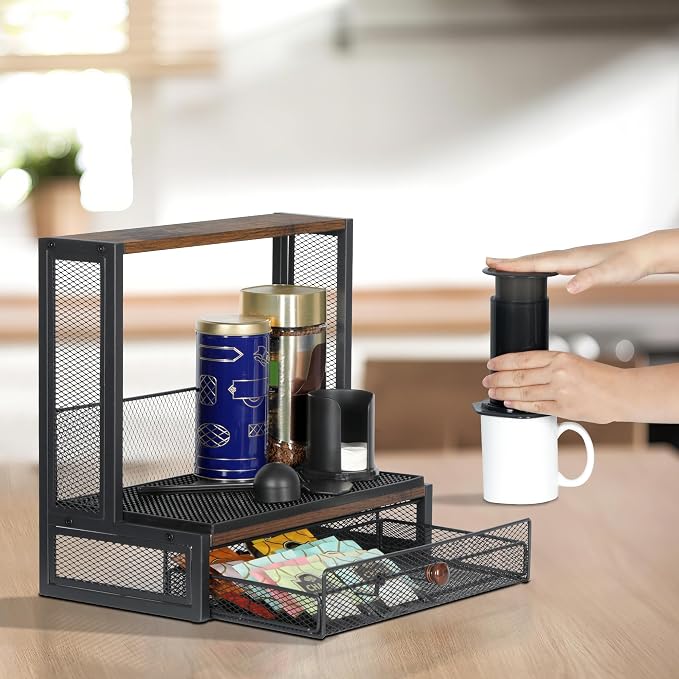 TQVAI Coffee Bar Organizer, Countertop Coffee Station with Drip Mat and Sliding Pods Drawer, Coffee Press Stand Compatible for Original/Go/XL Model Flow Control Filter Cap Scoop, Black/Antique - Image 2