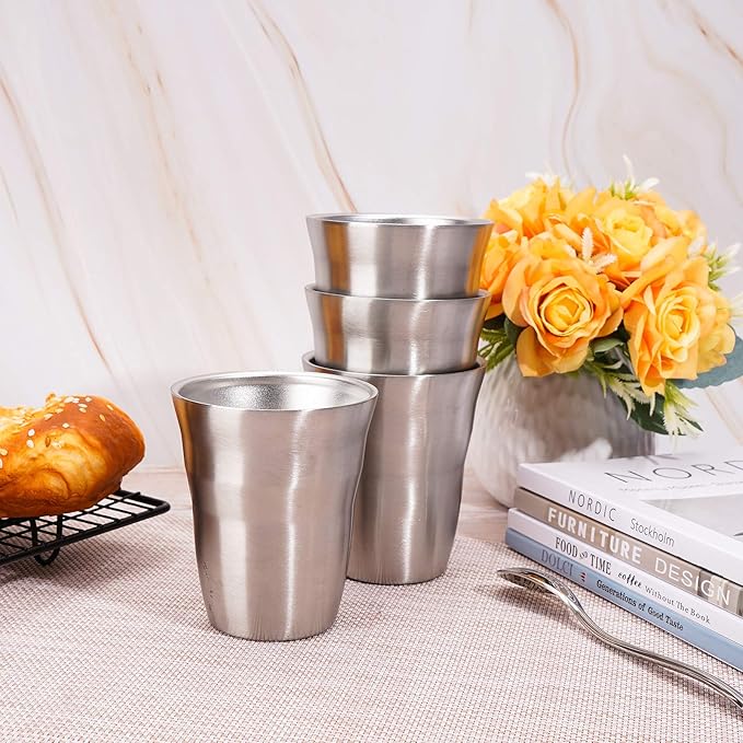 Beasea Metal Cups 8 oz Set of 4, Stainless Steel Cup 8 oz Double Wall Stackable Small Mini Glasses Insulated Drinking Tumblers for Home Restaurant Office Camping Party