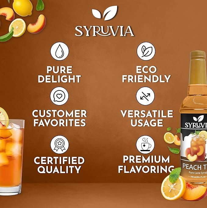 Syruvia Peach Tea Flavored Syrup for Drinks, Cocktails, Lemonades, Iced Teas and Desserts – 25.4 fl oz, With Pump