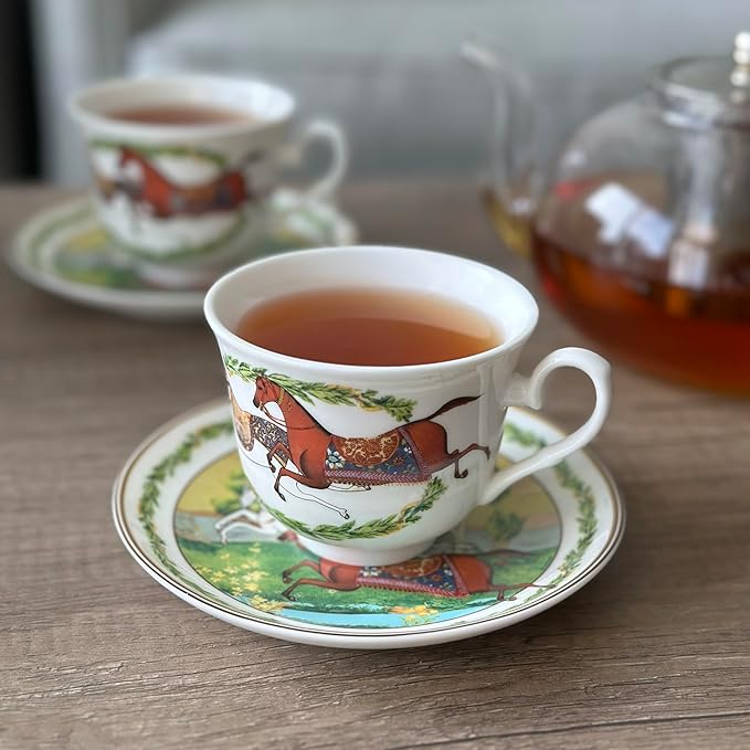 STP GOODS Bone China Tea/Coffee Cup and Saucer in Gift Box Fine Bone China Tea Cup and Saucer Set of One (Running Horse)