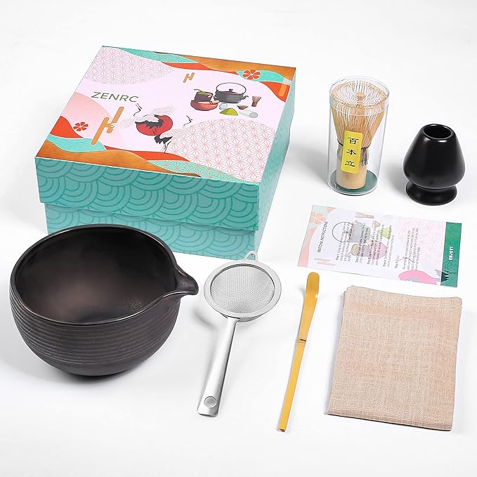 Ceremony Matcha Kit - Traditional Bamboo Matcha Whisk (Chasen) Scoop (Chashaku) Chawan Bowl with Pouring Spout Whisk Holder Sifter Tea Tray- The Perfect Matcha Set (Charming Black, Set of 6)