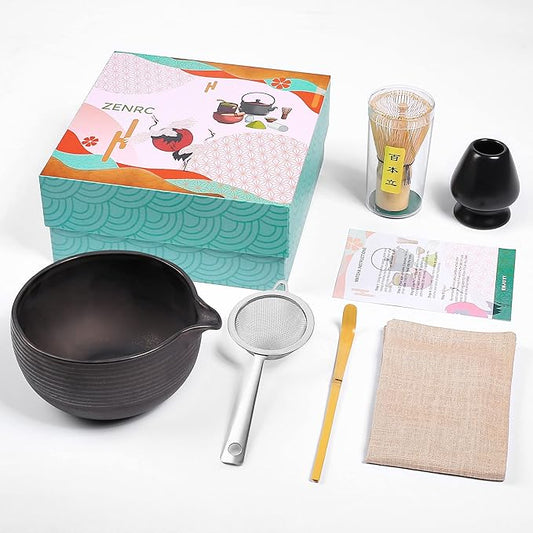 Ceremony Matcha Kit - Traditional Bamboo Matcha Whisk (Chasen) Scoop (Chashaku) Chawan Bowl with Pouring Spout Whisk Holder Sifter Tea Tray- The Perfect Matcha Set (Charming Black, Set of 6)
