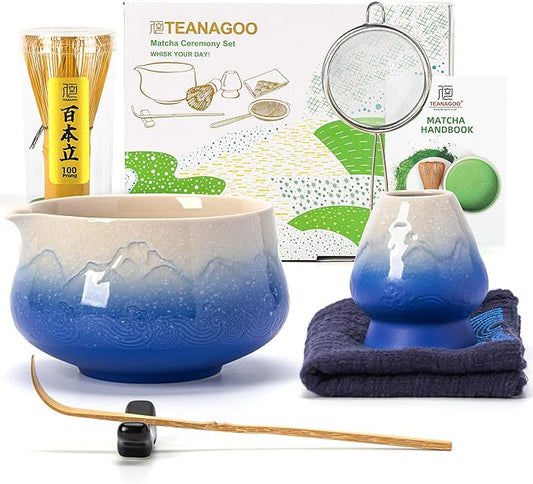 TEANAGOO 7 Pcs Matcha Whisk Set,Blue Matcha Set, Ceremony Matcha Powder Kit,Matcha Tea Set for Making Latte,Matcha Whisk Set and Bowl with Scoop&Sifter,Fuji Design Ceramic Bowl,Gift for Matcha Lovers