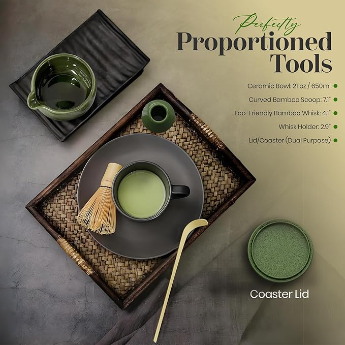 NEXTLUXE Matcha Whisk Set – Matcha Bowl and Whisk Traditional Bamboo Chasen with Ceramic Bowl, Matcha Sets, Matcha Whisk and Bowl, Matcha Sarter Kit - Measurement Lines, Spoon & Lid – Green