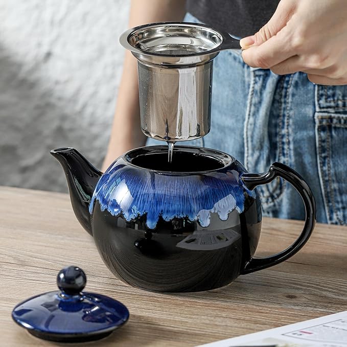 KOOV Tea Pot with Infuser for Loose Tea, 34OZ Ceramic Teapot with Infuser, Enough For 6 Cups, Tea Pots with Tea Strainers for Tea Party, Reactive Glaze (Nebula Blue)