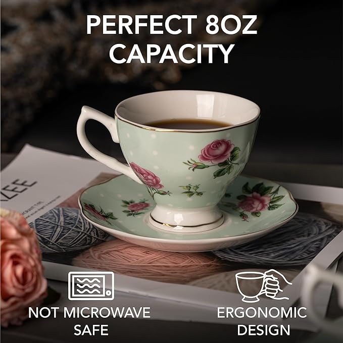 BTaT- Floral Tea Cups and Saucers, Set of 4, 8 oz, Fine Porcelain Teacup Set with Gold Trim for Afternoon Tea, Weddings, Parties & Gifting, Dishwasher Safe, Lightweight, Non-Toxic