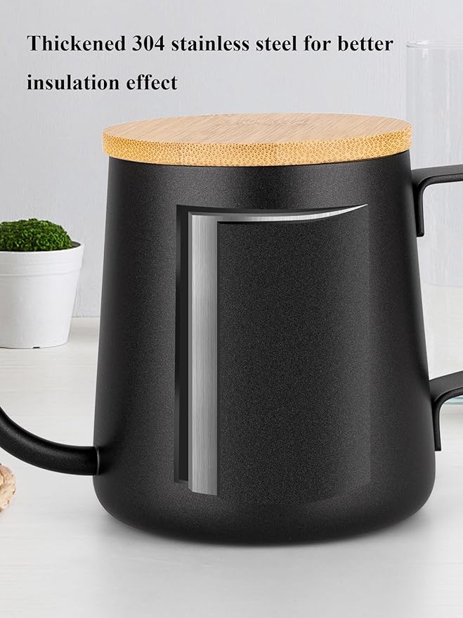 MERMOO YILAN Pour Over Coffee Kettle 12oz, Gooseneck, Wooden Lid, Precision Pouring,Single Serving, Sturdy Thicken 304 Stainless Steel, Dishwasher Safe, for Home, Camping, Travel, Office（black)