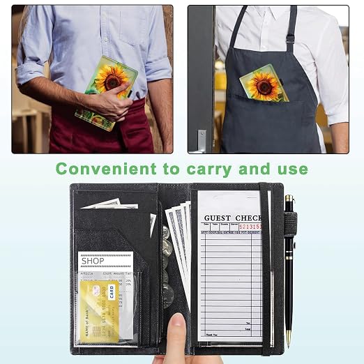 Server Books for Waitress, 5x9 Inch Waitstaff Server Order Pads, 11 Large Pockets, Cute PU Leather Waitress Book Server Wallet with Elastic Band Fit Server Apron,Lovely Sunflowers - Image 4