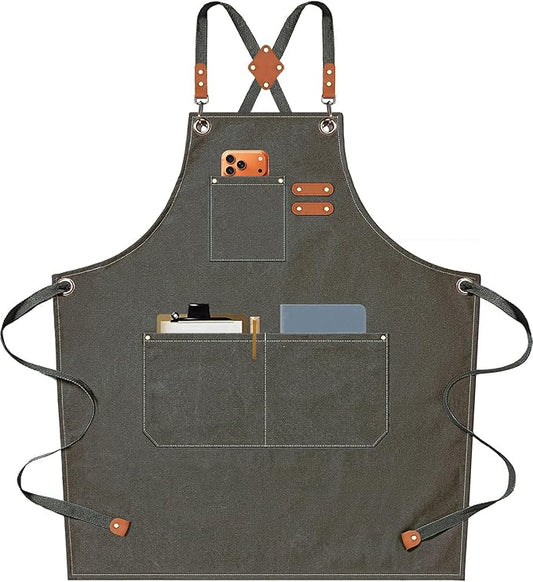 AFUN Chef Aprons for Men Women with Oversized Pockets, 16-Ounce Cotton Canvas Cross Back Heavy Duty Work Apron (Grey Green)