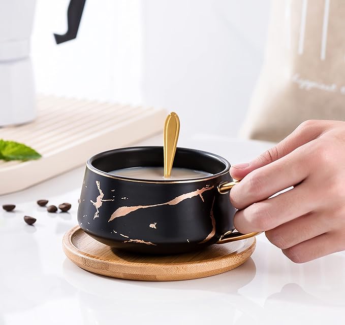 Jusalpha 10 oz Golden Hand Print Tea Cup And Saucer Set/Coffee Cup And Bamboo Saucer Set TCS19 (Black)