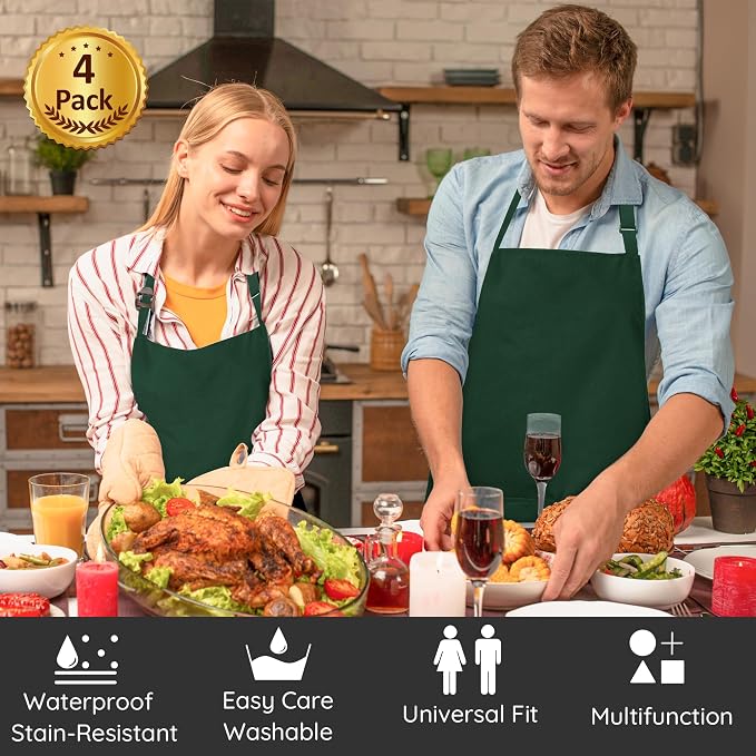 4 Pack Chef Apron, Waterproof Apron, Adjustable Apron with 2 Pockets for Men Women, Apron for Cooking Baking Restaurant(Green) - Image 2