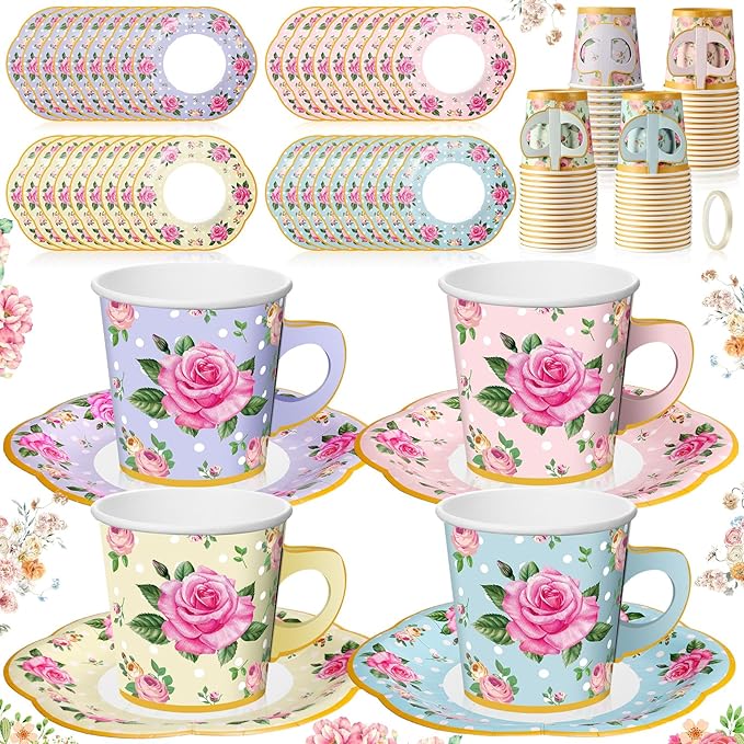 Umigy 36 Sets Tea Party Decorations 6.5 oz Floral Paper Tea Cups with Handle and Plates Disposable Blossom Teacups and Saucers Sets for Girls Kids Birthday Garden Wedding Party Supplies(Mixed Color)