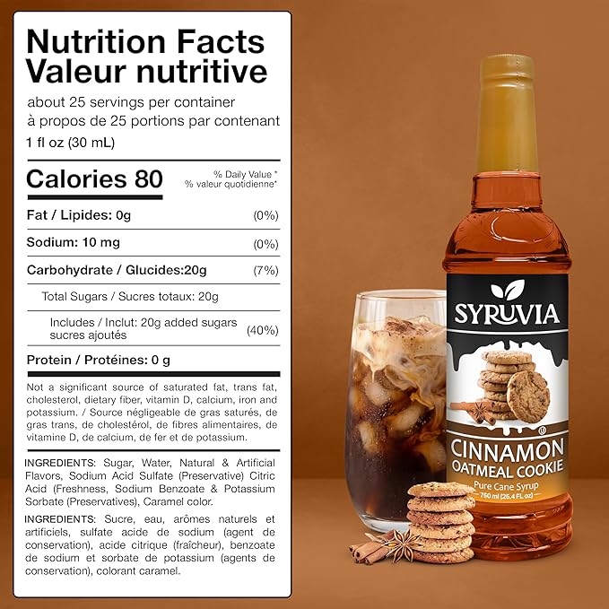 Syruvia Coffee Syrup, Cinnamon Oatmeal Cookie Flavored Syrup for Drinks, Lattes, and Desserts – 25.4 fl oz, With Pump