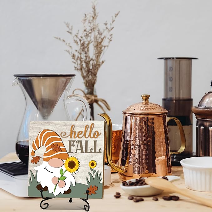 Hello Fall Home Decor Indoor, Autumn Gnome Thanksgiving Table Decor, 5"x5" Wood Plaque Gifts with Stand for Farmhouse Living Room Bathroom Kitchen Decoration -A05