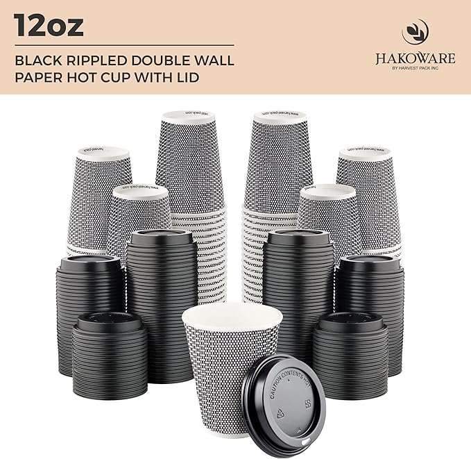 [100 SET]Harvest Pack 12 oz Disposable Coffee Cups, Insulated Ripple Double-Walled Paper Cup with Lids, Black and White Geometric, Tea Hot Chocolate Drinks To go coffee cups