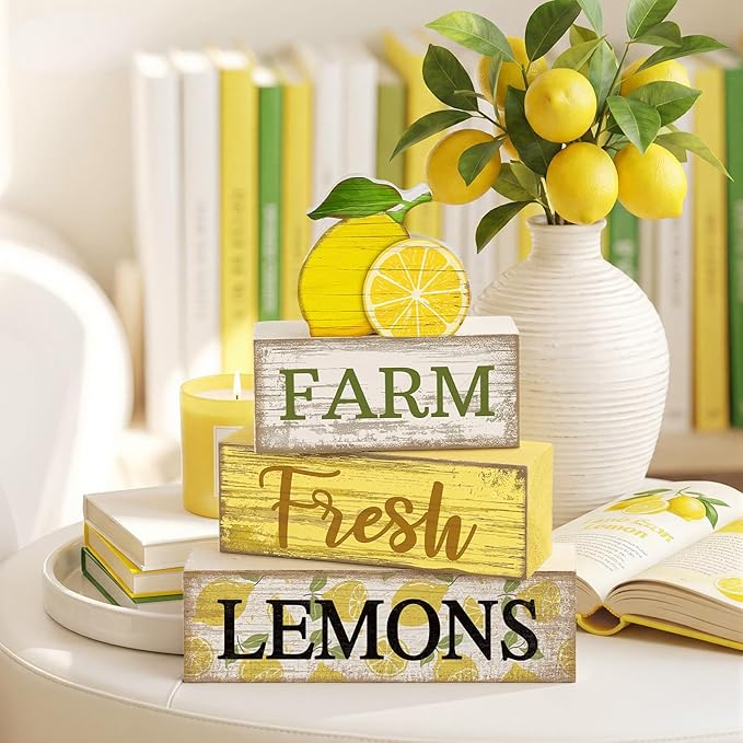 Moucuny 4 Pcs Summer Lemon Decor Wooden Lemon Tiered Tray Decor Farmhouse Rustic Lemons Table Decoration Lemons Book Block Summer Decoration for Home Office Kitchen Mantel Shelf