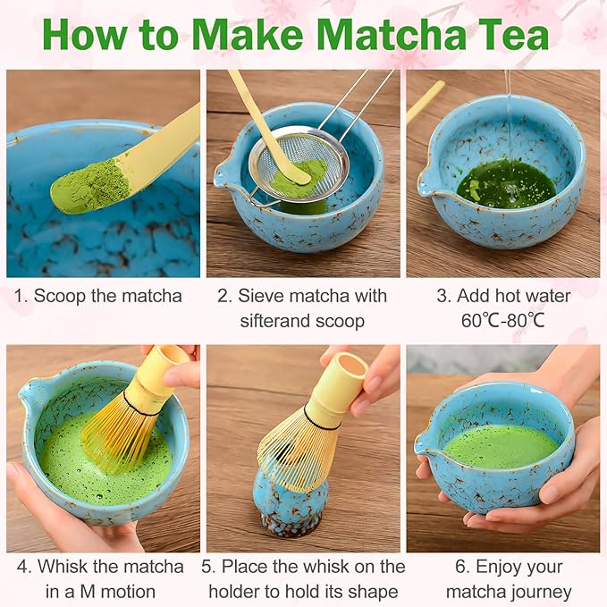 MONOJOY Matcha Bowl and Whisk Set, BPA-Free – Multi-Layer Ice-Crackle Ceramic Chawan with Spout, Bamboo Chasen, Holder, Scoop & Sifter | Japanese Ceremonial Matcha Tea Kit for Lattes & Beginners