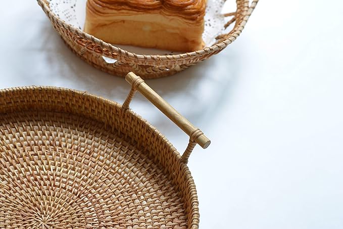 DECRAFTS Rattan Round Serving Tray Wicker Woven Bread Basket with Handles for Cracker Dinner Parties Coffee Table Breakfast (Natural 12.6 inches)
