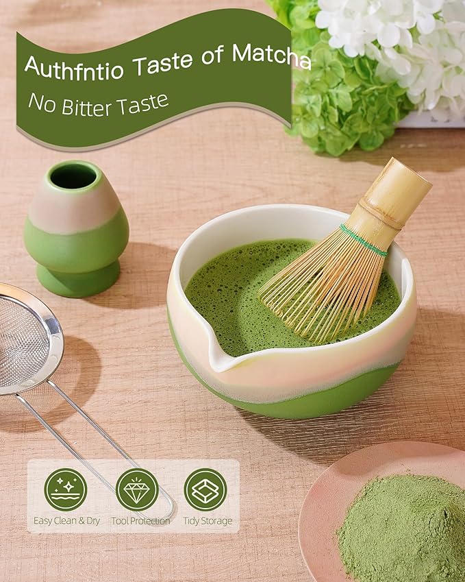 ZENS Matcha Whisk Set, 6pcs Matcha Kit Set, Matcha Bowl with Spout, Handcrafted Bamboo Whisk & Scoop, Chasen Holder, 304 Sifter & Tea Mat, Ideal Gift for Matcha Lovers, Birthday-Green
