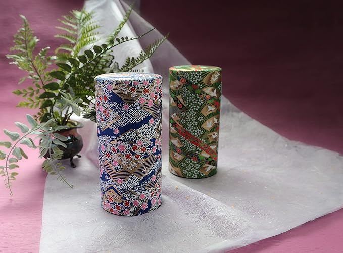 Japanese Tea Canister Tin Crane on a Fan Green/Double Lid/Japanese YUZEN Washi Paper Pasted /200g Tea Capacity/Loose Leaf Tea Storage/Storage Container with Lid