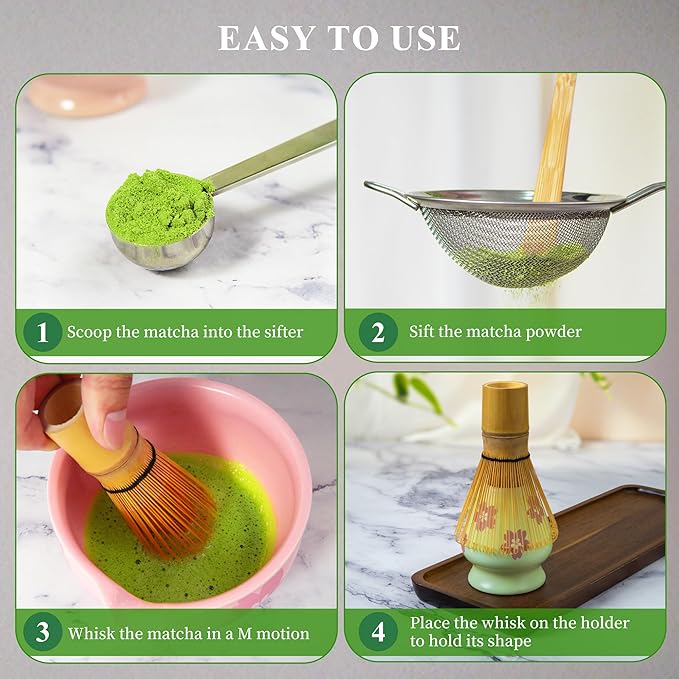 Matcha Whisk Set Matcha Making Kit Bamboo Chasen Ceramic Whisk Holder Stand Sifter Scoop Japanese Tea Tools (Green)