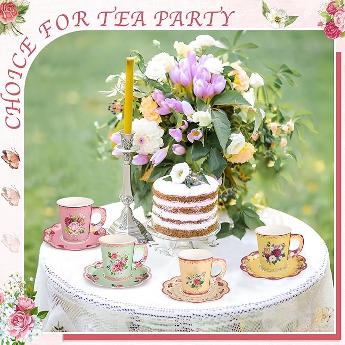 24 Sets Vintage Floral Tea Party Cups 7 OZ Disposable Paper Tea Cups with Handle and Plates Teacups and Saucer Sets for Baby Bridal Shower Wedding Birthday(Vintage Style)