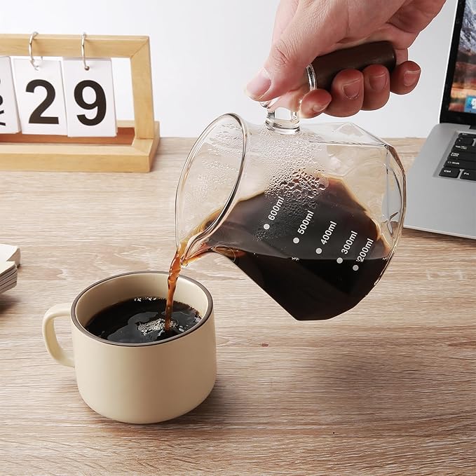Pour Over Coffee Maker, 20 oz Borosilicate Glass Set with 100 pcs Paper Filter, Coffee Dripper with Walnut Collar, Coffee Pot with Glass Lid, 1-3 Cups, Clear, (600 ml)