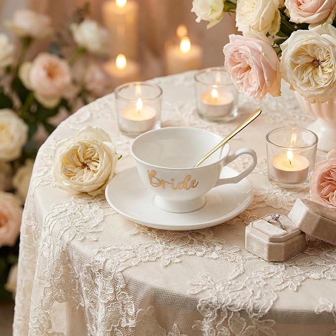 Rtteri Bride Teacup and Saucer Set 7oz Bridal Shower Teacup Porcelain Ceramic Tea Cups for Bridal Shower Tea Party Wedding Decor Victorian Elegant Coffee(Vintage Color,Floral)