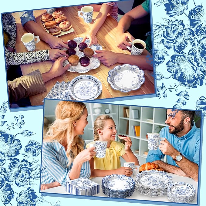 Pickmesh 252 Pcs Blue Floral Tea Party Supplies for 36 Guests Blue and White Porcelain Paper Disposable Dinnerware Floral Teacups with Handle and Saucers Set for Tea Party Decorations Birthday Wedding