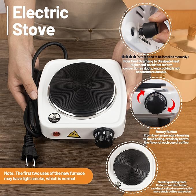 2-in-1 Aluminum Moka Pot Set with Electric Stove Classic Stovetop Espresso Coffee Maker 150ml 5oz Mocha Express Portable Camping Travel Preferred Cafe Makers Italian Cuban Café Brewing 3 Cup