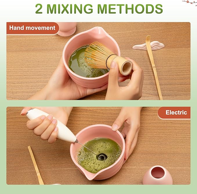 FEXIA 10 Pcs Matcha Whisk Set, Matcha Making Kit, Powerful Milk Frother Wand, Bowl With Spout, Bamboo Whisk, Whisk Holder, Stainless Sifter, Spoon for Japanese Traditional Tea Tools Gift (Pink)