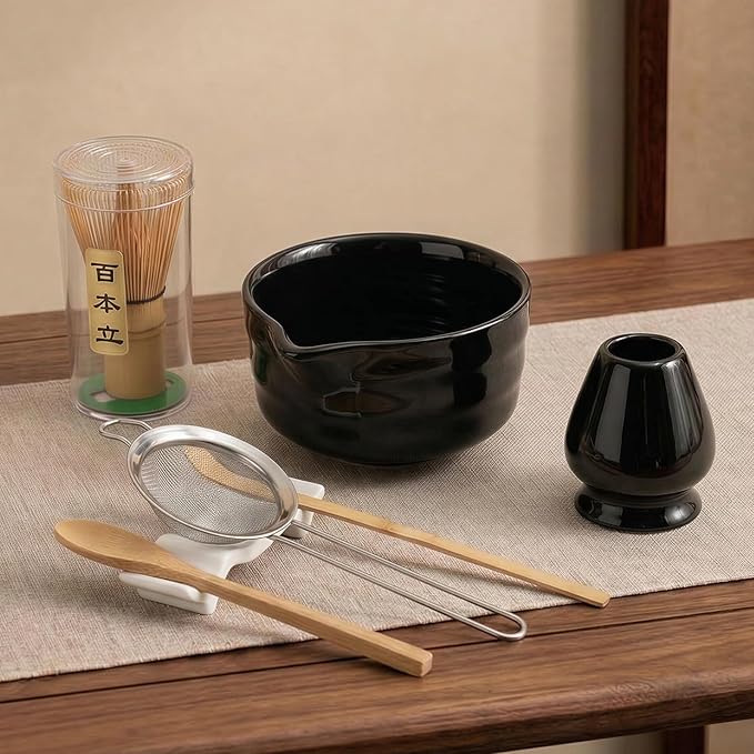 YOLIFE 7 Pcs Matcha Whisk Set, Includes Matcha Bowl with Spout, Bamboo Whisk (Chasen) with Ceramic Holder, Scoop and Powder Spoon, Sifter, Matcha Kit for Ceremony (Black)