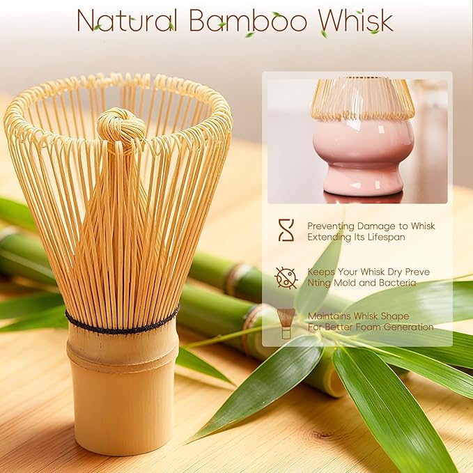 Matcha Whisk Set, Ceramic Matcha Set Includes Bowl & Holder, Bamboo Whisk (Chasen), Scoop, Spoon and Sifter, 6PCS Matcha Kit Covers Everything Needed for Making Matcha (Pink)