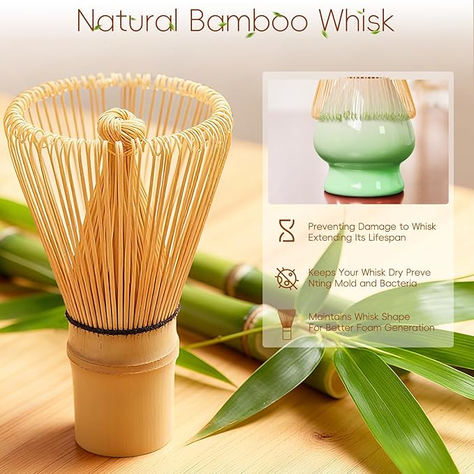 Matcha Whisk Set, Ceramic Matcha Set Includes Bowl & Holder, Bamboo Whisk (Chasen), Scoop, Spoon and Sifter, 6PCS Matcha Kit Covers Everything Needed for Making Matcha (Green)