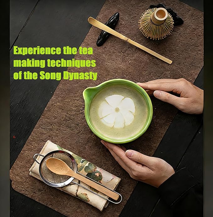Matcha Whisk Set,8 Pcs Matcha Kit Includes Matcha Bowl with Spout,Matcha Whisk Holder,Bamboo with Ceramic Holder,Bamboo Scoop and Rest,Sifter,Tea Towel for Ceremony Matcha Lovers Gift (Green)