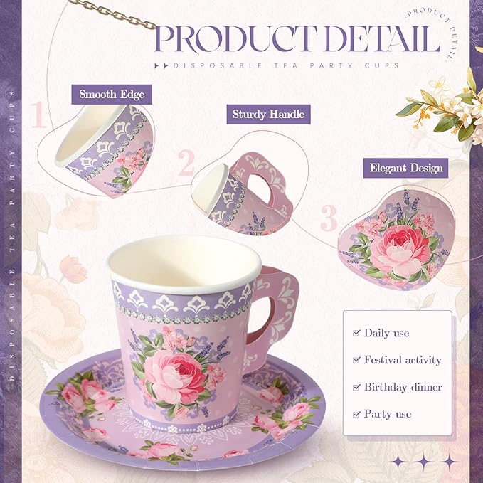 Nuogo 200 Pcs Floral Paper Tea Cups and Saucers 7 oz Disposable Tea Party Decorations Vintage Cute Paper Tea Cups and Plates with Handles for Wedding Baby Bridal Shower Birthday, Serve 100 (Purple)