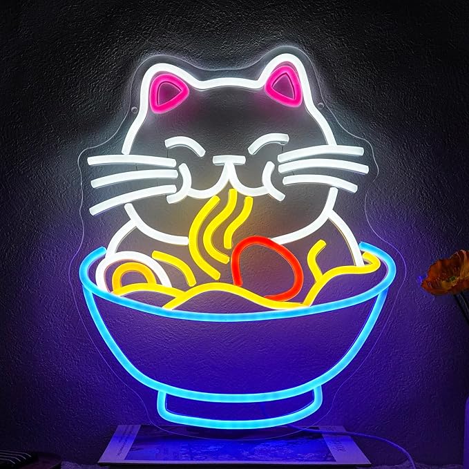 Fortune Cat Ramen Neon Sign Dimmable Lucky Cat Neon Light Sign for Wall Decor Japanese Noodles Led Signs for Home Kitchen Restaurant Bar Party Business Decor Gift 12.6" x 15"