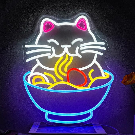Fortune Cat Ramen Neon Sign Dimmable Lucky Cat Neon Light Sign for Wall Decor Japanese Noodles Led Signs for Home Kitchen Restaurant Bar Party Business Decor Gift 12.6" x 15"