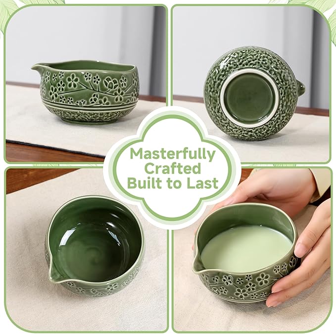 7 Pcs Matcha Whisk Set, Ceremony Matcha Kit with Matcha Bowl, Bamboo Whisk and Holder, Scoop and Scoop Rest, Sifter and Tea Towel, Gift for Matcha Lovers (Green/Cherry Blossom-Patterned 2)
