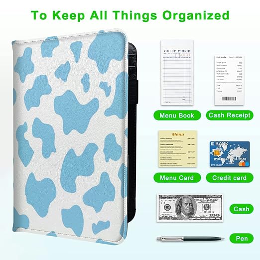 Server Books for Waitress, with 7 Large Pockets, Waiter Serving Book, Waitstaff Server Order Pads, Cute PU Leather Server Book with Pen Holder Fit Server Apron, Blue Cow Prints - Image 5