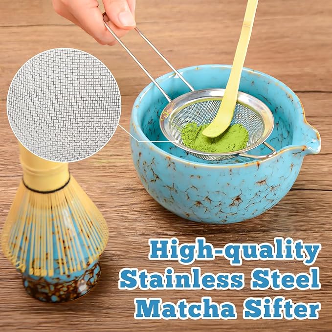 MONOJOY Matcha Whisk Set - Microwave Safe Ceramic Bowl with Spout, BPA-Free Japanese Matcha Kit with Holder & Stainless Steel Sifter, 4 PCS Gift Set