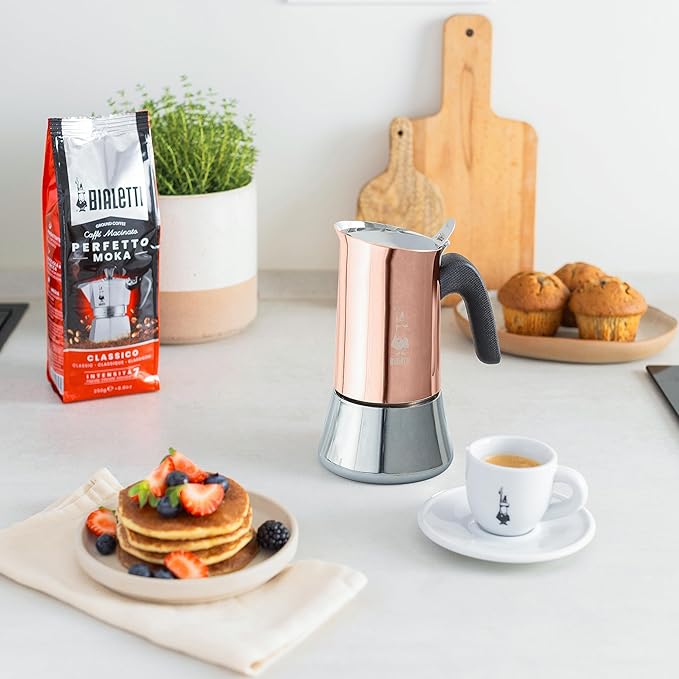 Bialetti New Venus coffee maker 2 cups, anti-burn handle, not suitable for induction, 2 cups (85 ml), stainless steel, color - copper, wattage - 3600