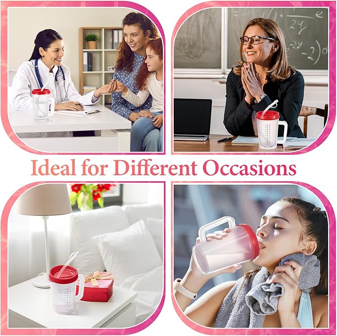4 Pcs 20 oz Hospital Water Cup with Straw and Lid Insulated Double Walled Elderly Water Bottle Hospital Carafe Mug with Handle Graduated Plastic Drinking Sippy Cup for Adult(Red)