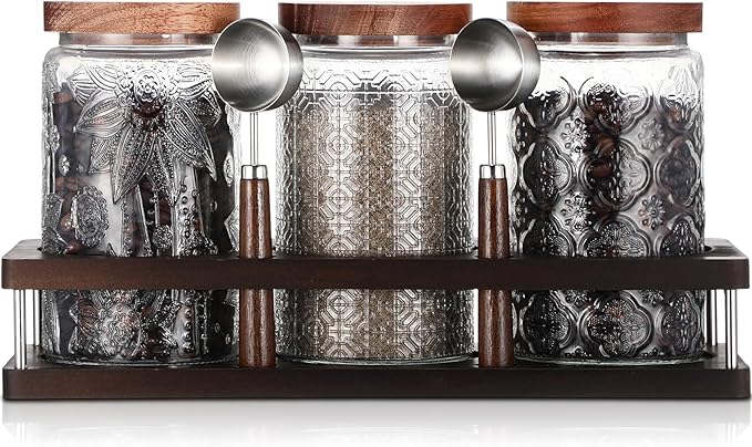 Suclain 3 Pcs Glass Coffee Bean Container 44 oz Airtight Coffee Canister with Shelf Measuring Spoon Kitchen Food Canister Jar for Sugar Candy(34 oz,Patterned Style,Wood, Glass, Stainless Steel)