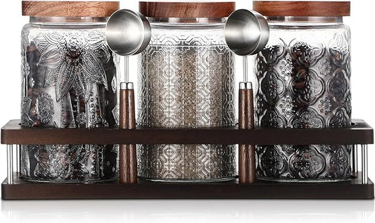 Suclain 3 Pcs Glass Coffee Bean Container 44 oz Airtight Coffee Canister with Shelf Measuring Spoon Kitchen Food Canister Jar for Sugar Candy(34 oz,Patterned Style,Wood, Glass, Stainless Steel)