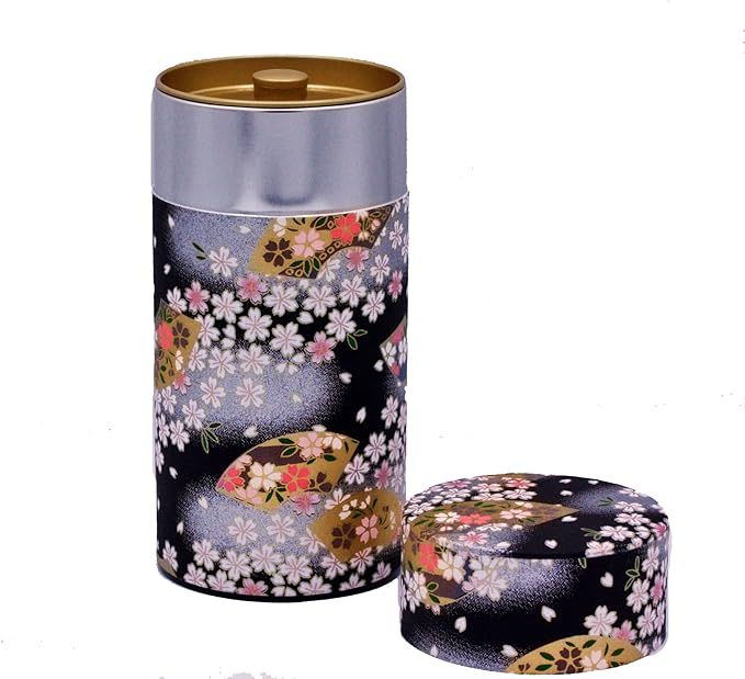 Washi Paper Tea Tin Canister: Long 7oz (200g) Midnight Blossom (#135), Japan